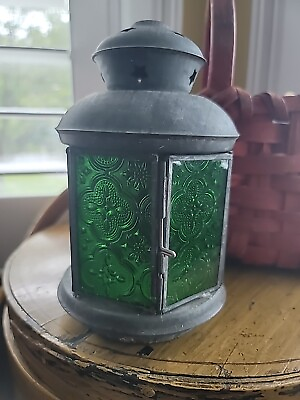 #ad #ad Vintage Lantern Candle Metal Green Embossed Glass Stars Striking Color 7 1 2quot; $95.00