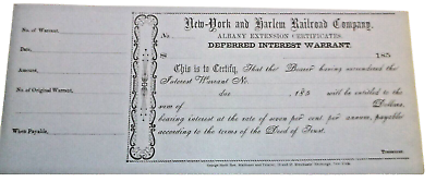 #ad 1850 NEW YORK AND HARLEM RAILROAD NYC ALBANY EXTENSION DEFERRED INTEREST WARRANT $100.00