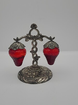#ad Vintage Ruby Red Glass Hanging Strawberry Salt amp; Pepper Shakers With Stand $94.00