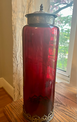 #ad Red Glass Apothecary Canister w Lid Brass Trim Decor Jar 15quot; tall Made in India $39.00