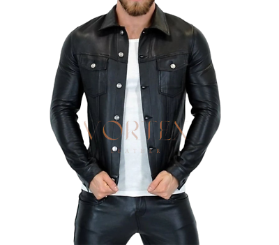 #ad Mens Gay Leather Shirt With Full Sleeve Made In Lambskin Leather Shirt Gay LGBT $100.00