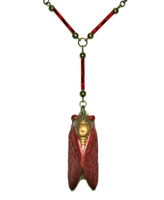 #ad LUCKY CICADA BEETLE Necklace Pendant Vintage Czech RED Glass Tube Beads $24.95