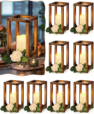 #ad 16 Pcs Wooden Candle Lantern Set Includes 8 Rustic Wedding Centerpieces for Tabl $129.99