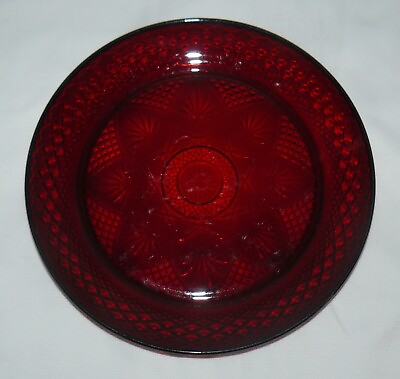 #ad Red Glass Round Plate Platter Diamond And Star Pattern $18.68