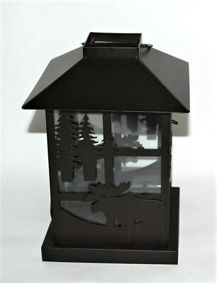 #ad Metal Hanging Candle Lantern Wilderness Moose Black Glass Panes $24.99