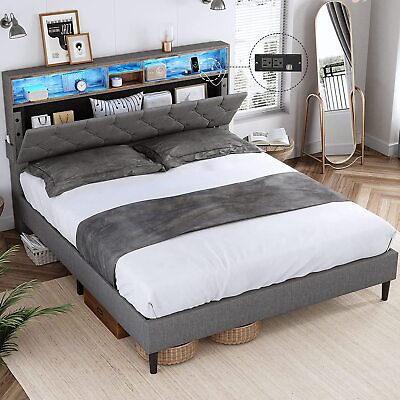 #ad LED Bed Frame Queen Size with Outlets and USB Ports with Headboard Dark Grey $199.97