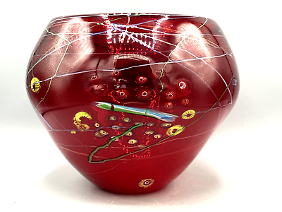 #ad Red Glass Hand Blown Bowl Millefiori Murano Style Art Glass $75.00